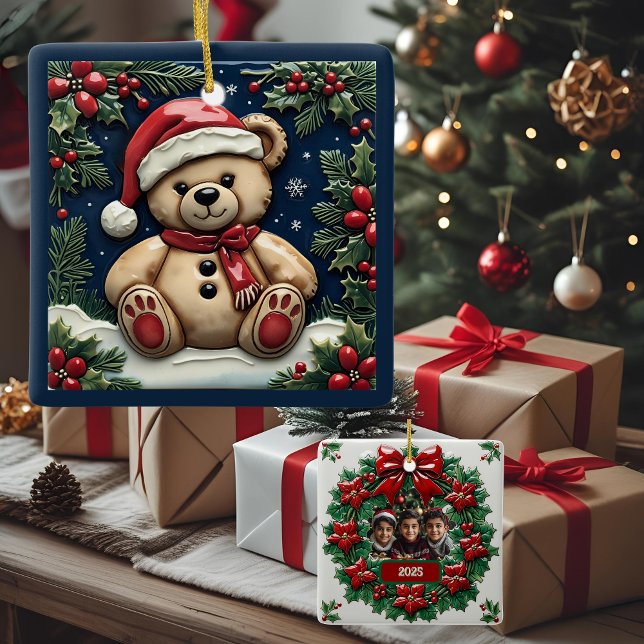 Snow Christmas Bear Customizable Ceramic Ornament (Creator Uploaded)
