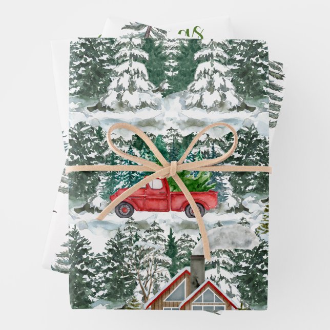 Snow Christmas Cabins and red truck  Wrapping Paper Sheets (In situ)