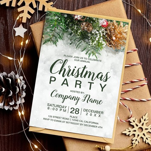Snow Christmas country corporate green pine gold Invitation