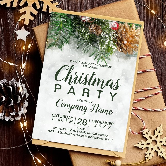 Snow Christmas country corporate green pine gold Invitation (Snow Christmas country corporate green pine gold Invitation)