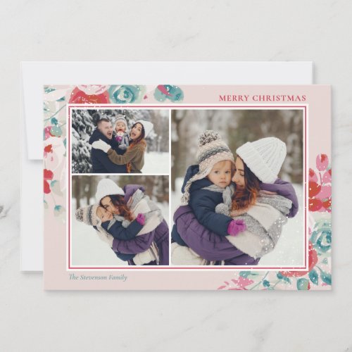 Snow Christmas green pinkfloral 3 photos Holiday Card