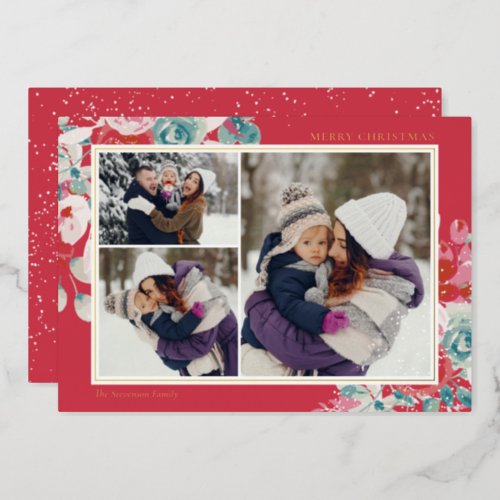 Snow Christmas green red floral 3 photos Foil Holiday Card