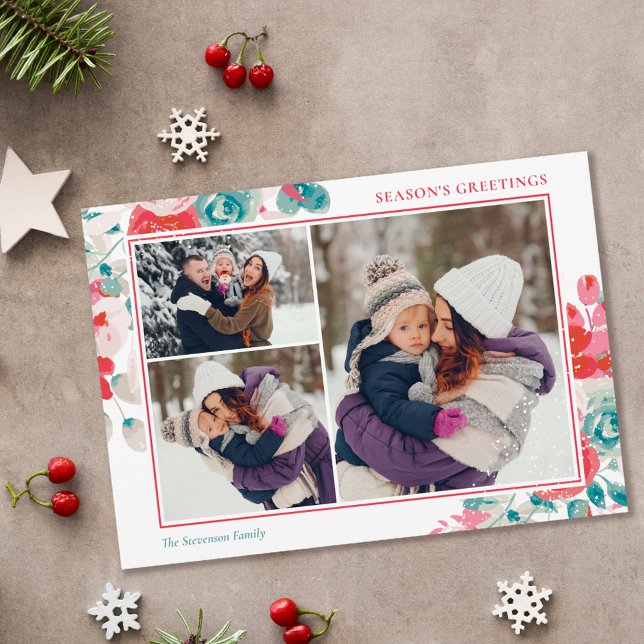 Snow Christmas green red floral 3 photos Holiday Card (Creator Uploaded)