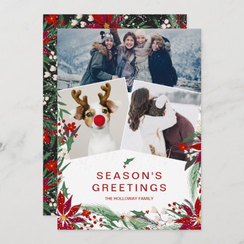 Snow Christmas red green floral mistletoe 3 photos Holiday Card