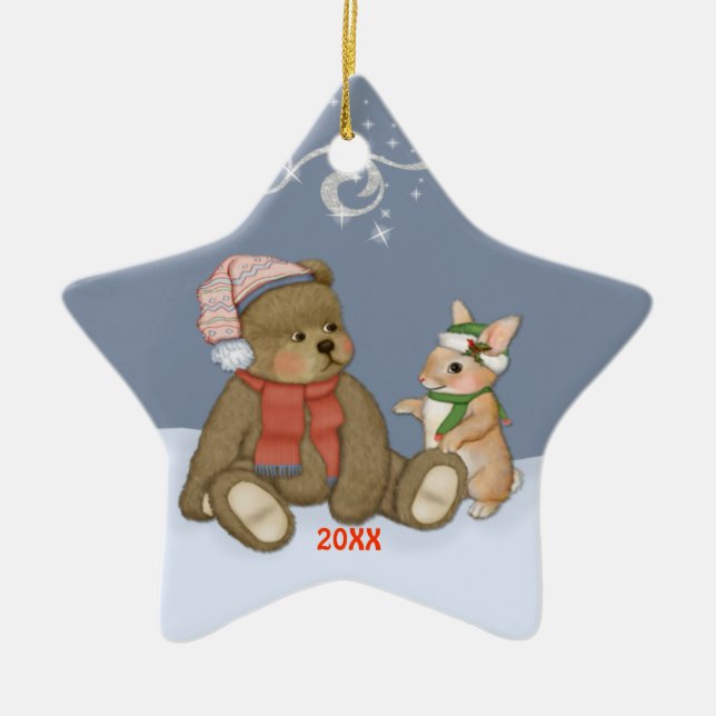 Snow Christmas Teddy Ceramic Ornament (Front)