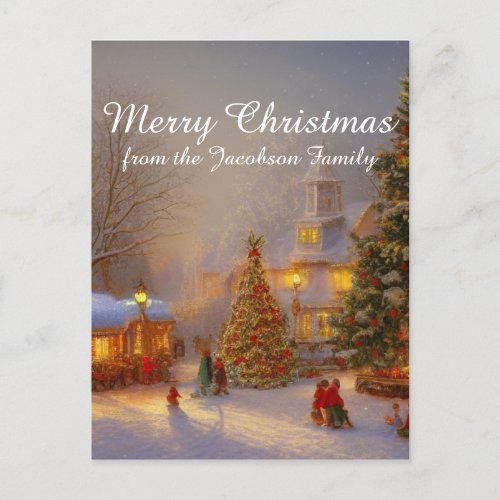 Snow Christmas Trees In Quaint Village Scene Postcard