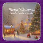 Snow Christmas Trees In Quaint Village Scene Square Sticker<br><div class="desc">Merry Christmas! A nostalgic design featuring Christmas trees in a snowy small village square with local people having fun. Feel free to customize the main greeting,  and (of course) your own family name.</div>