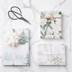 Snow Christmas Trees Winter Snowflakes Flowers Wrapping Paper Sheets