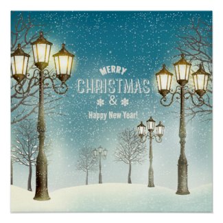 Snow Clad Trees,Street Lamps Christmas & New Year Poster