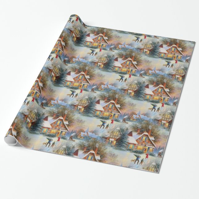 Snow Clad Village on Christmas Eve Holiday Wrapping Paper (Unrolled)