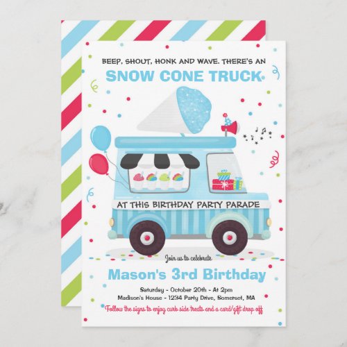 Snow Cone Birthday Party Drive By Birthday Parade Invitation