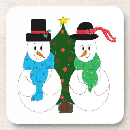 Snow Couple by the Christmas Tree Beverage Coaster