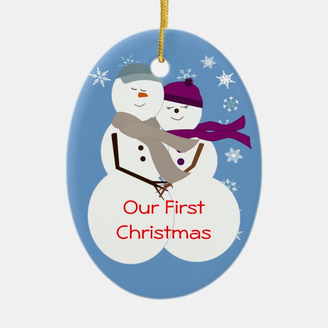 Snow Couple Our First Christmas Ceramic Ornament (Front)