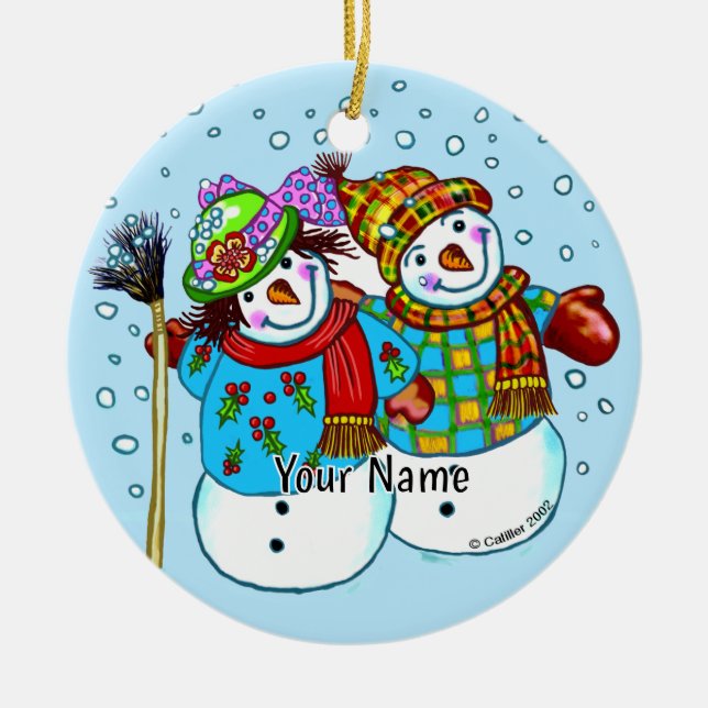Snow Couple Snowman Ceramic Ornament (Front)