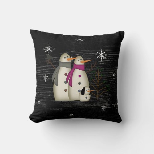 Snow Couple With Dog PillowBlack Throw Pillow