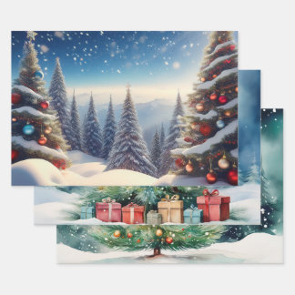 Snow Cover Christmas Trees in Woods Wrapping Paper Sheets