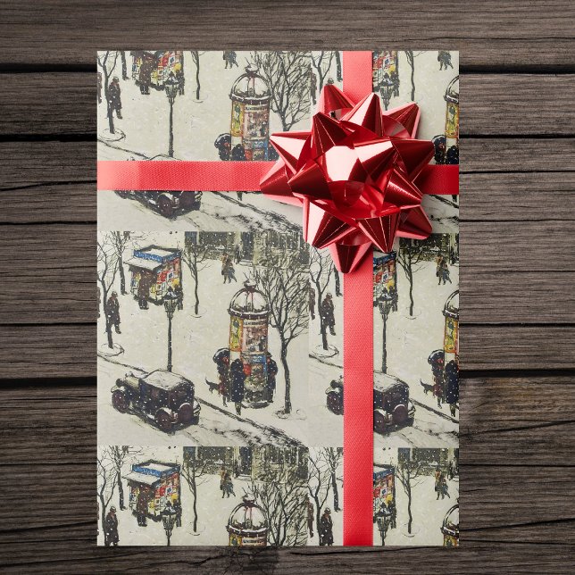 Snow Covered 1920 City Street Cars Winter Birthday Wrapping Paper (Winter Street scene in 1920's era town on white gift wrapping paper roll.)
