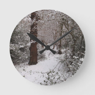 Snow Covered Ancient Woodland Round Clock