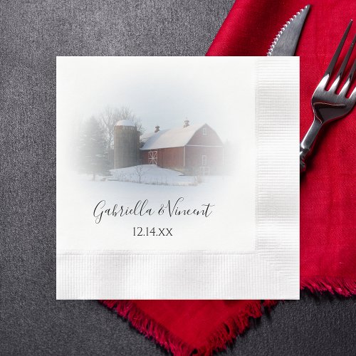 Snow Covered Barn and Silo Winter Country Wedding Napkins