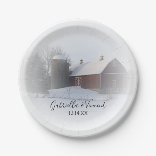 Snow Covered Barn and Silo Winter Country Wedding Paper Plates
