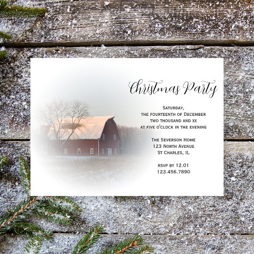 Snow Covered Barn Country Christmas Party Invitation