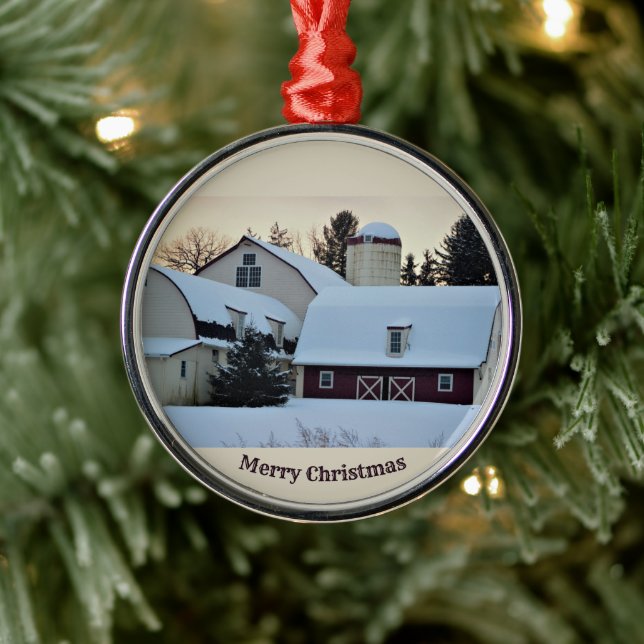 Snow Covered Barn Metal Ornament (Tree)