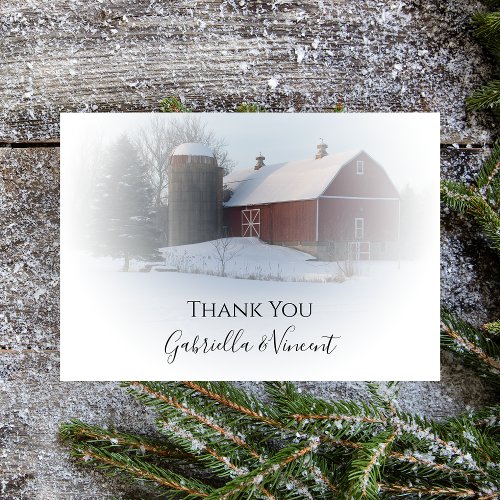 Snow Covered Barn Silo Winter Wedding Thank You