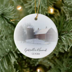 Snow Covered Barn Winter Country Be My Bridesmaid Ceramic Ornament