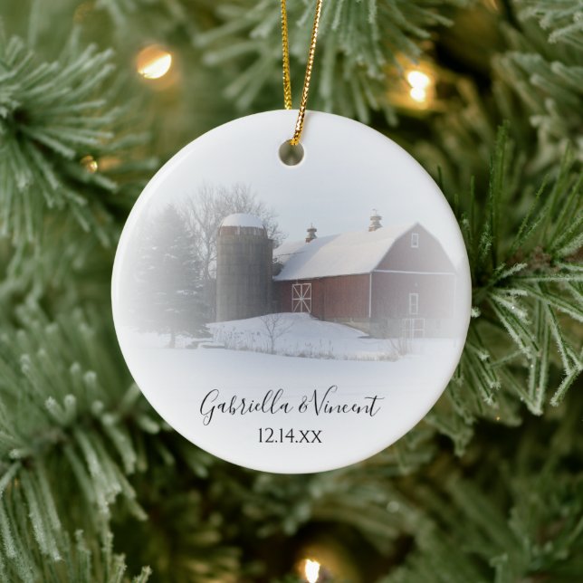 Snow Covered Barn Winter Country Be My Bridesmaid Ceramic Ornament (Tree)