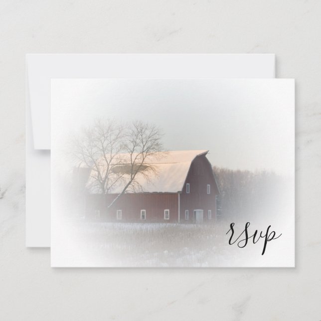 Snow Covered Barn Winter Country Wedding RSVP Card (Front)