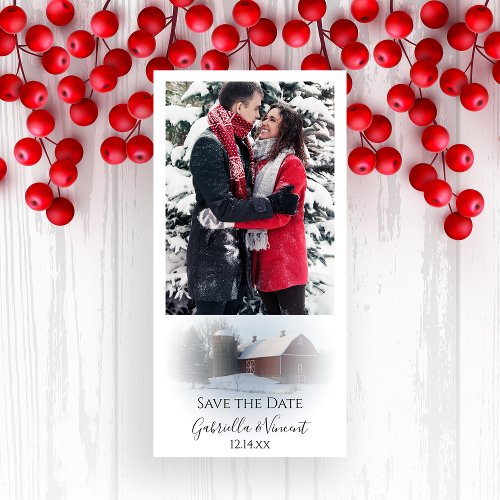 Snow Covered Barn Winter Wedding Save the Date