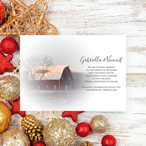 Snow Covered Barn Winter Wedding Save the Date