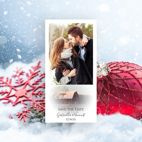 Snow Covered Barn Winter Wedding Save the Date