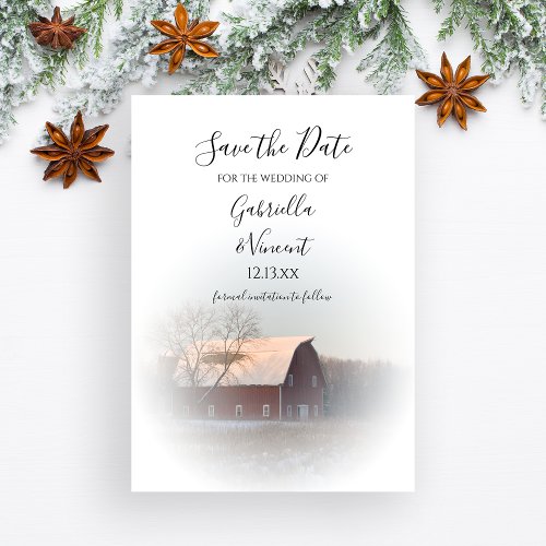 Snow Covered Barn Winter Wedding Save the Date Invitation