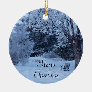 Snow Covered Bench Christmas Ornament by ChristyWyoming at Zazzle