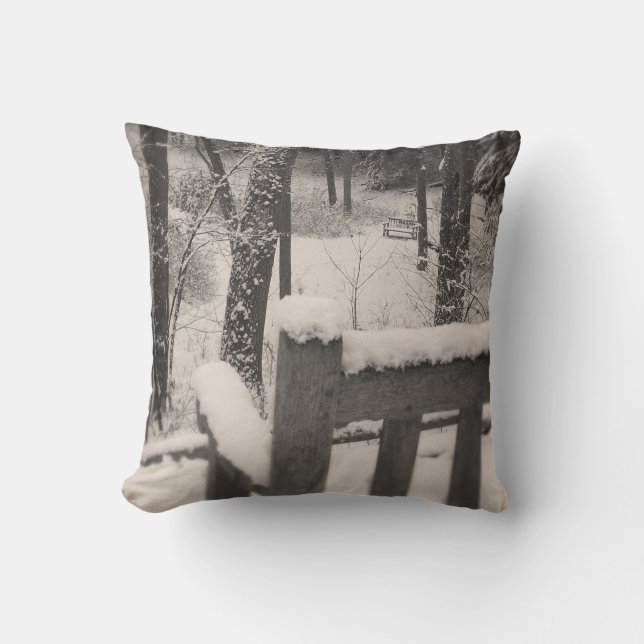 Snow Covered Benches Throw Pillow (Front)