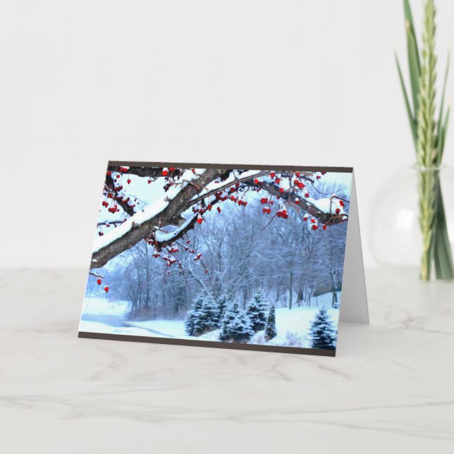 Snow Covered Berry Trees River Scene Card (Front)