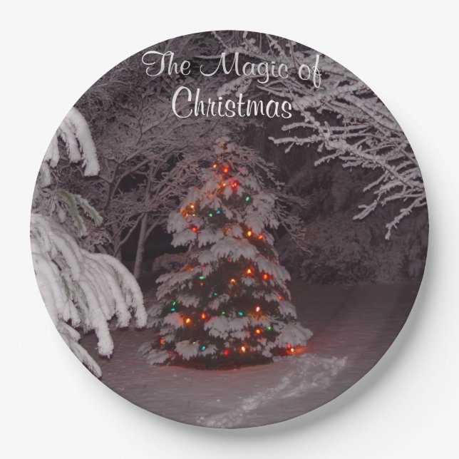 Snow Covered Branches Christmas Lights Paper Plates (Front)