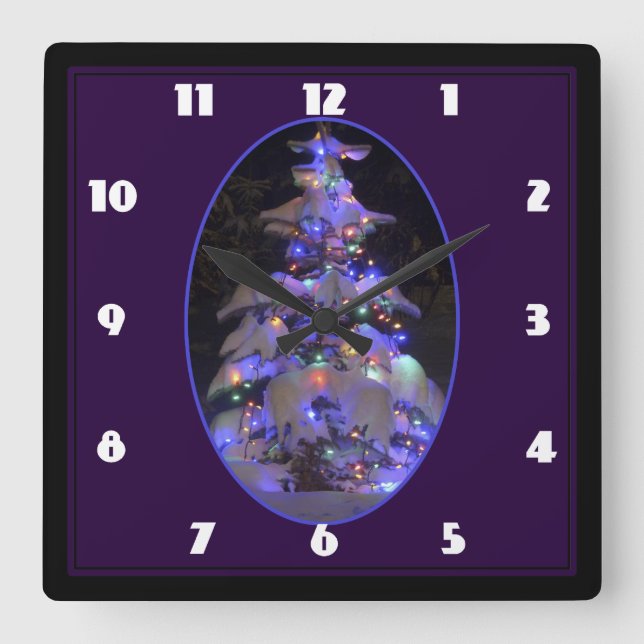 Snow Covered Brightly Lit Christmas Tree Square Wall Clock (Front)