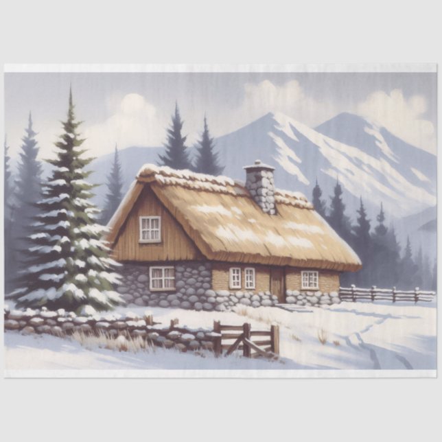 Snow Covered Cabin Winter Watercolor Decoupage Tissue Paper (Front)