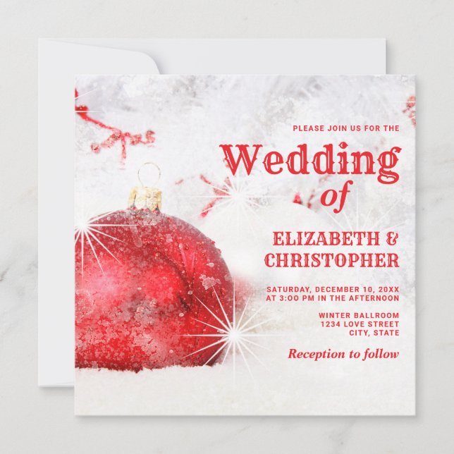 Snow Covered Christmas Baubles Wedding Invitation (Front)