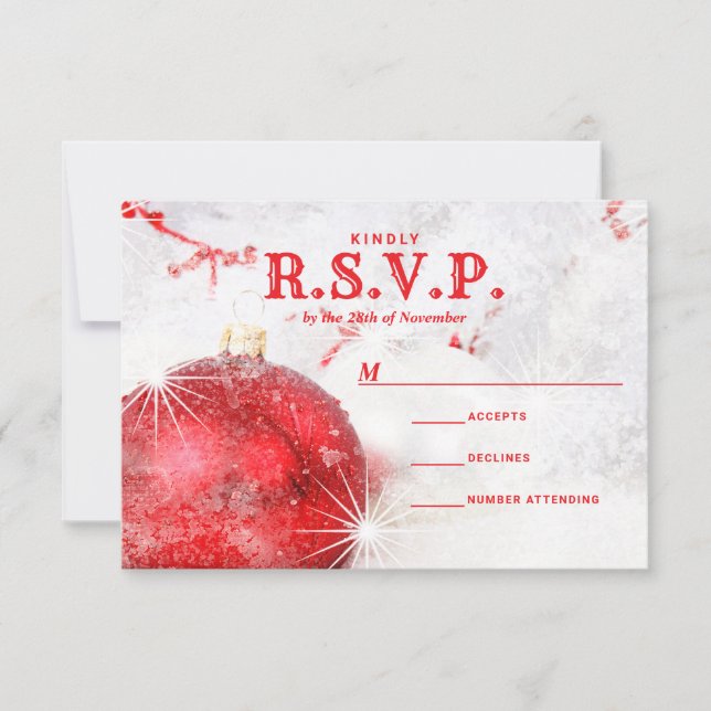 Snow Covered Christmas Baubles Wedding RSVP Card (Front)