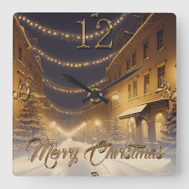 Snow-covered Christmas Streets in a Downtown Square Wall Clock (Front)