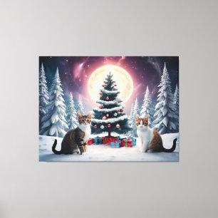 Snow Covered Christmas Tree with Cats Canvas Print