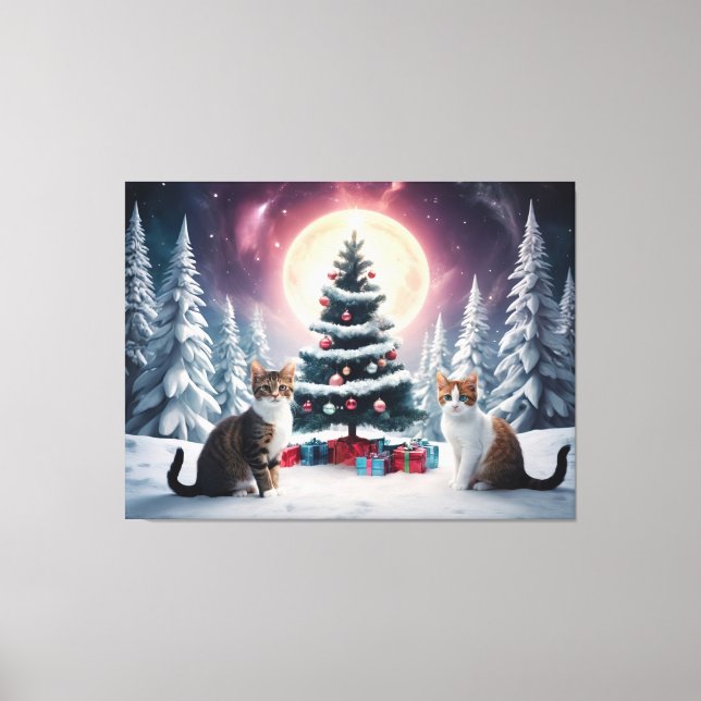 Snow Covered Christmas Tree with Cats Canvas Print (Front)