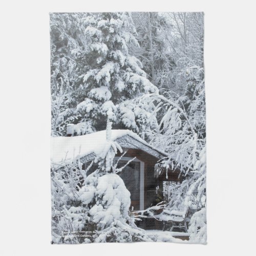 Snow Covered Cottage in the Gardens Kitchen Towel