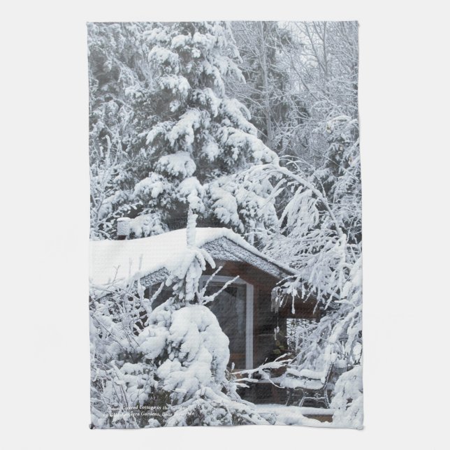 Snow Covered Cottage in the Gardens Kitchen Towel (Vertical)