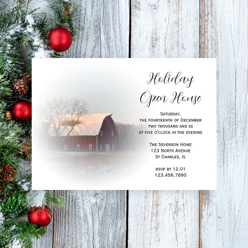 Snow Covered Country Barn Holiday Open House Party Invitation
