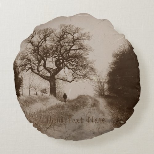 snow covered country lane scenic atmospheric photo round pillow