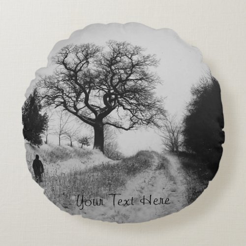 snow covered country lane scenic monochrome round pillow